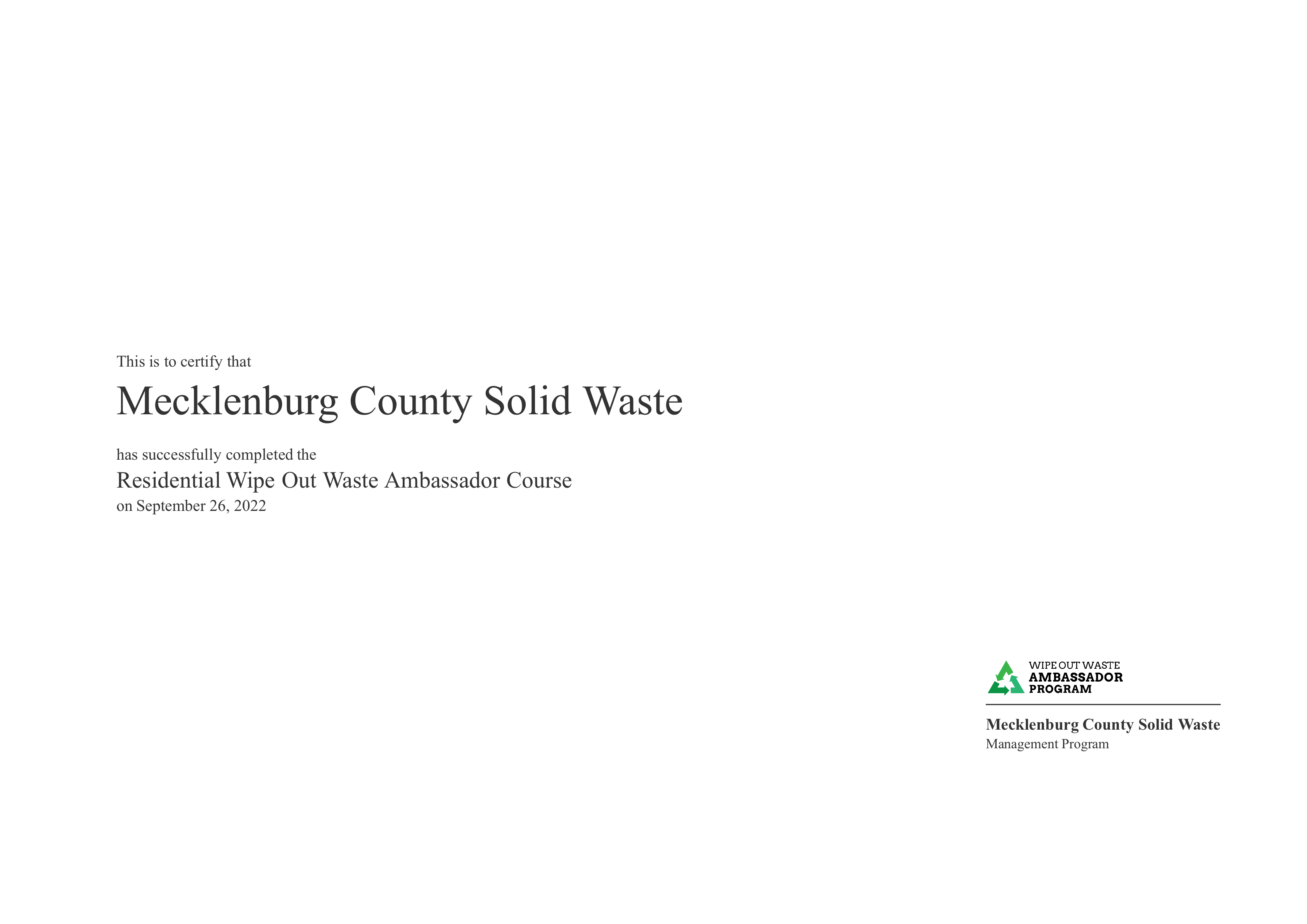 Residential Wipe Out Waste Ambassador Course